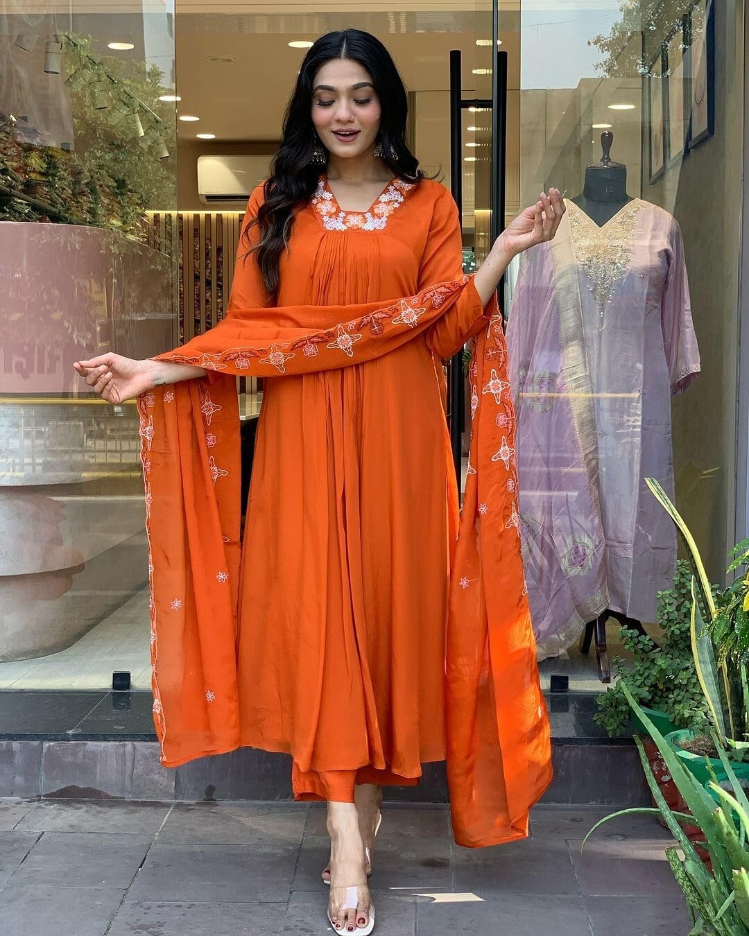 Women’s Rayon Blend Anarkali Thread Work Kurta with Pant & Dupatta