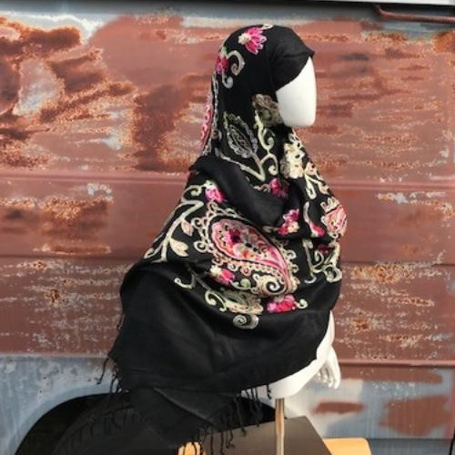 Black Ebony Embroidered Scarf Shoulder Wrap Muslim Hijab Paisley Print Shawl