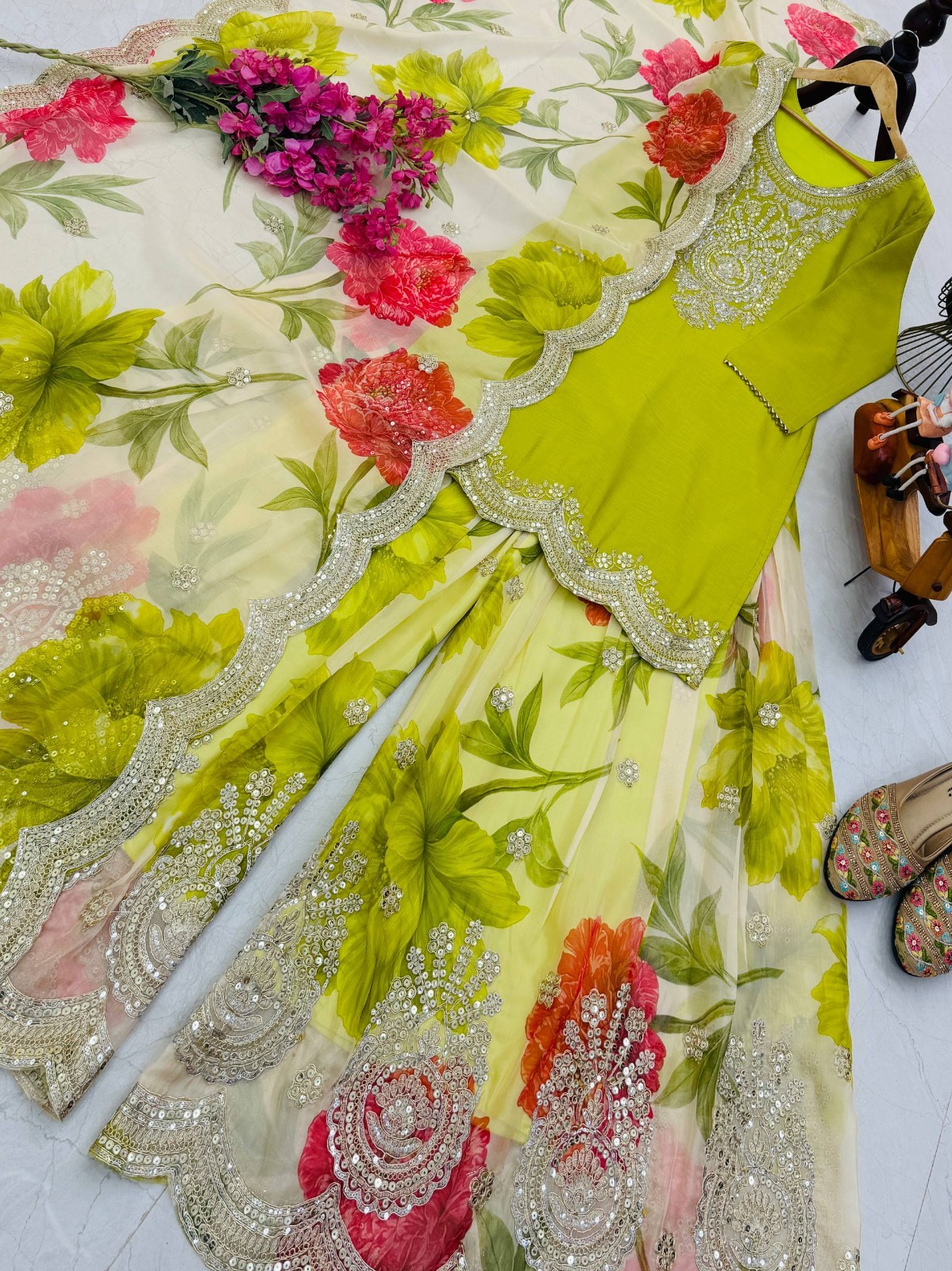 Latest Designer Chinnon Kurta Palazzo With Taby Organza Dupatta For Women