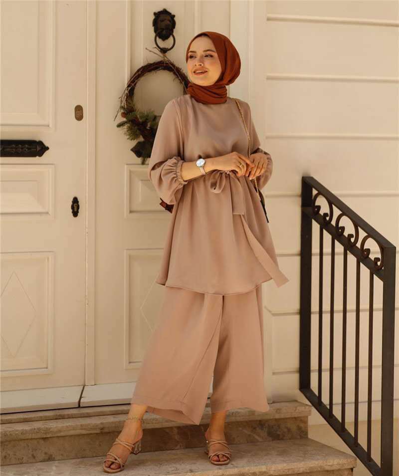 Dubai Muslim Women Long Sleeve Blouse Pants Outfits Two Piece Set Abaya Kaftan