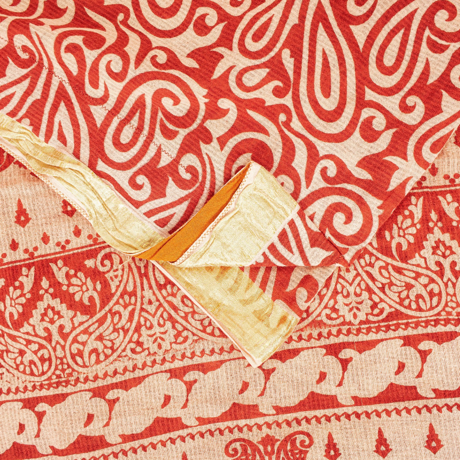 Sanskriti Vintage Sarees Red Pure Cotton Paisley Print 5+Yd Sari For Up Cyclers