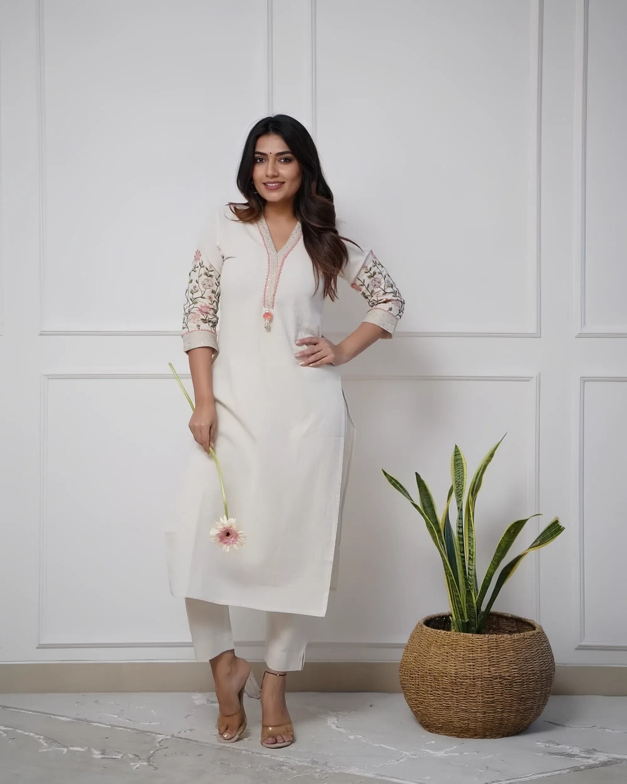 Women Multi-color Kurta Set with Embroidered Sleeves, V-Neck Straight Cut Pants