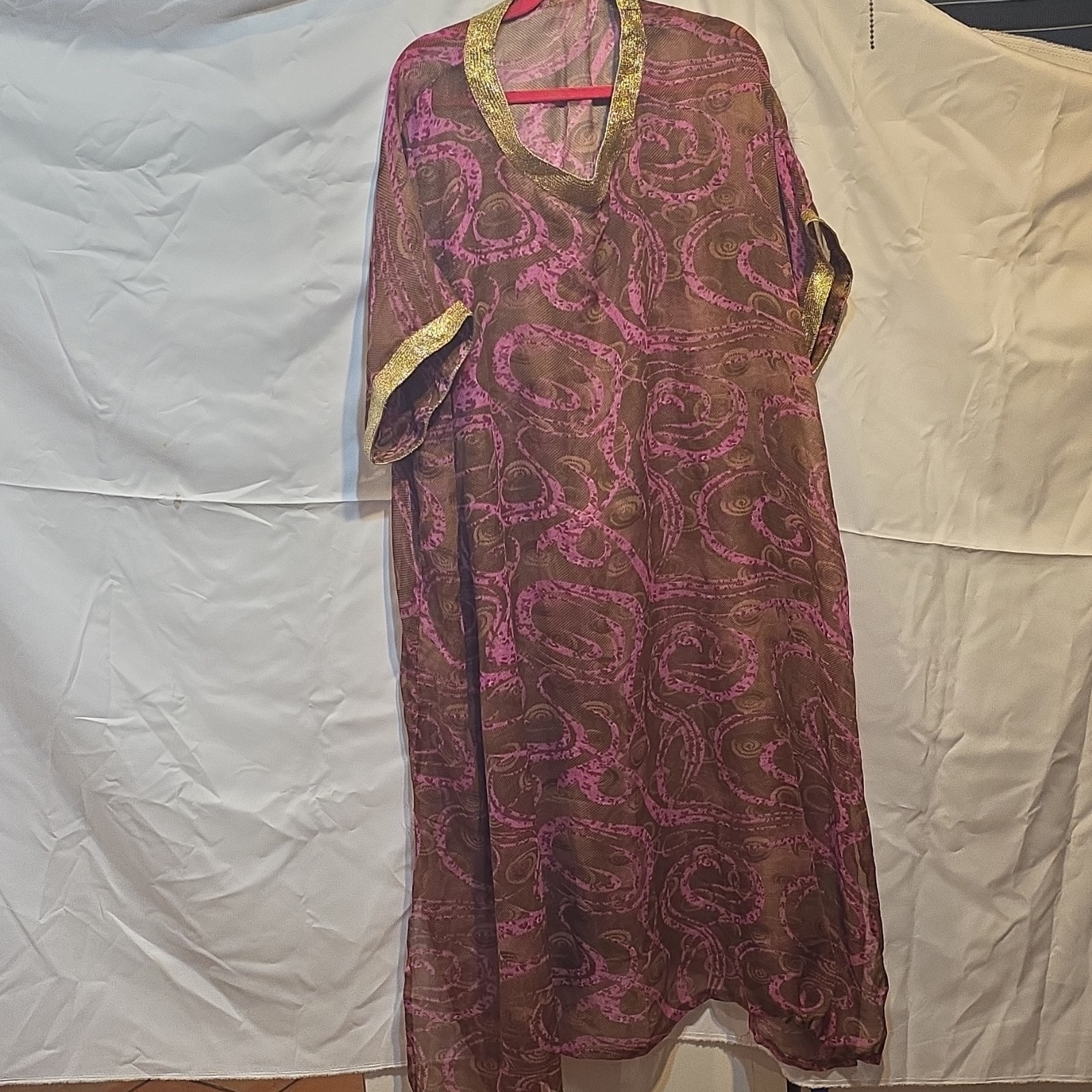 Handmade Sheer Brown Pink Kaftan with Gold Trim for Women One Size