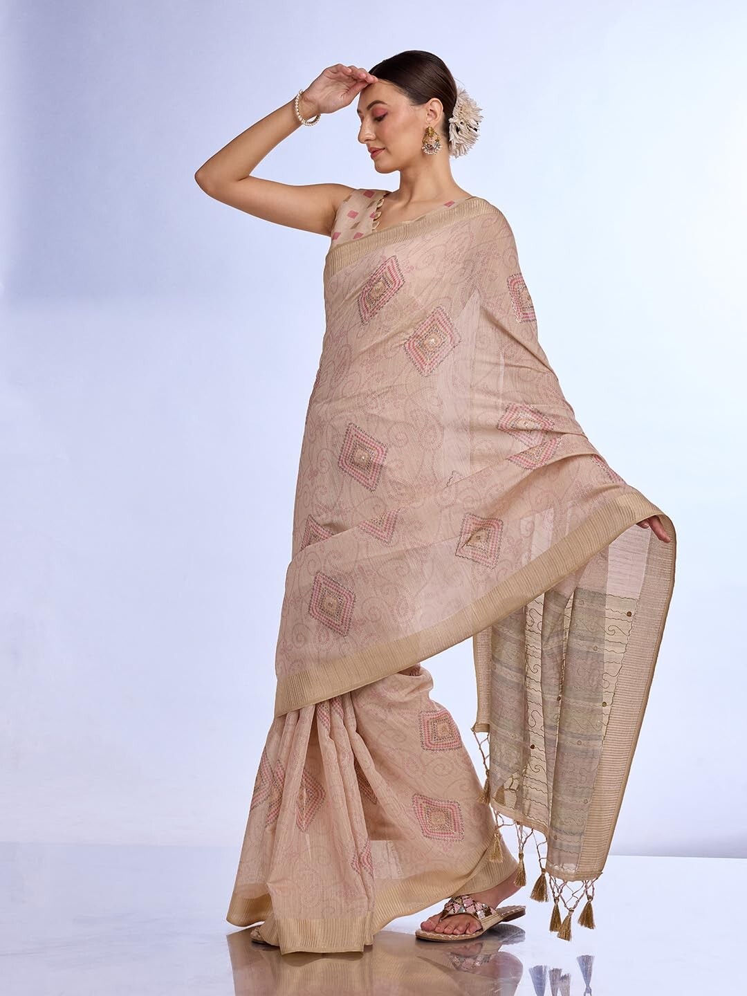 Women’s Heavy Organza Silk Linen Prism Print Saree with Zari Handwork Saree