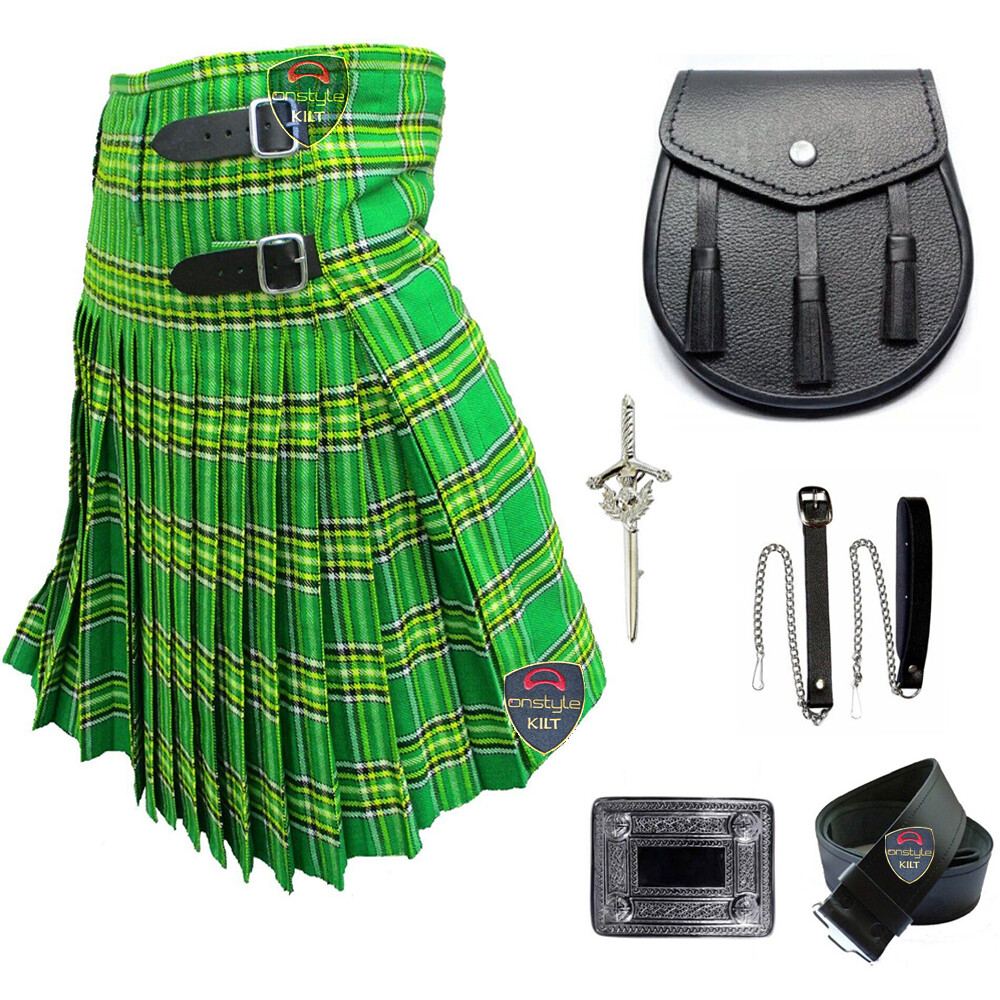 5 Pcs Set Highland Scottish Men’s Kilt Irish Green Tartan 5 Yards 13 Oz. NEW