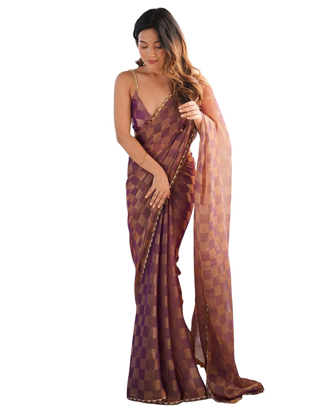 Women’s Banarasi Style Checks [Chokda] Saree With Unstitched Blouse Piece