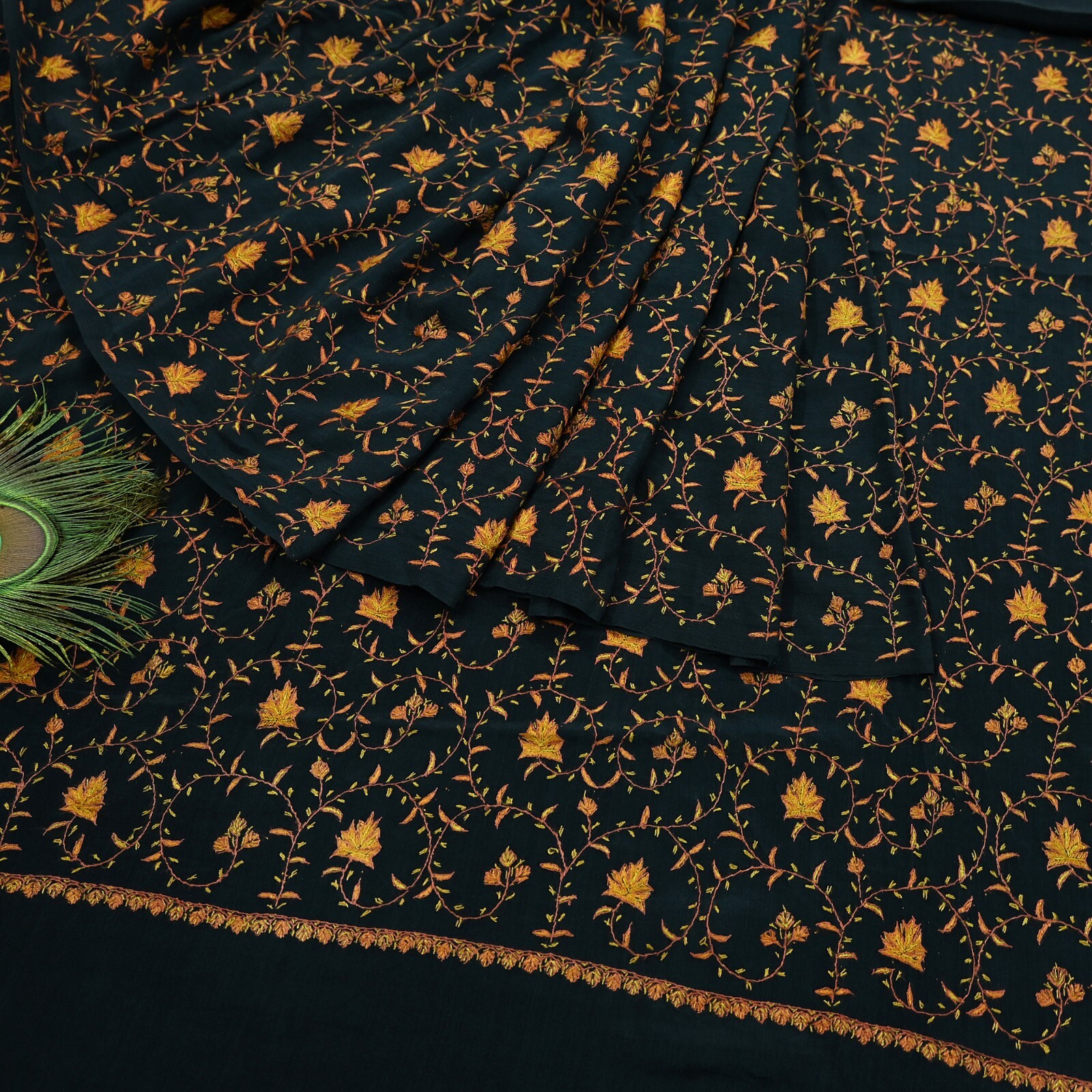 Antique Vintage Sari Black Crepe Silk Hand Embroidered Kashmiri Suzani Saree 5yd