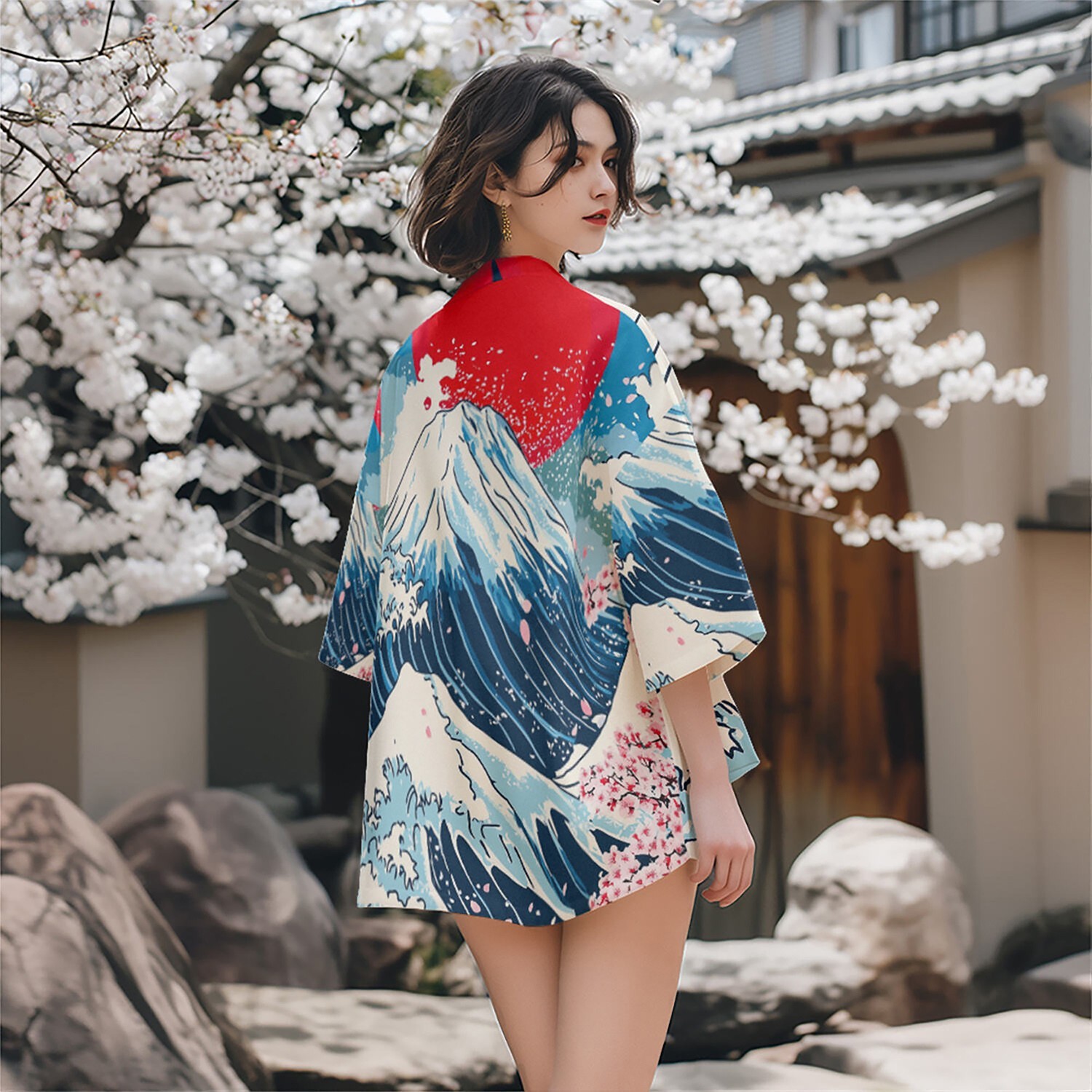 Niepce Men’s Japanese Graphic Lightweight Fuji Waves Kimono Cardigan Shirt Top