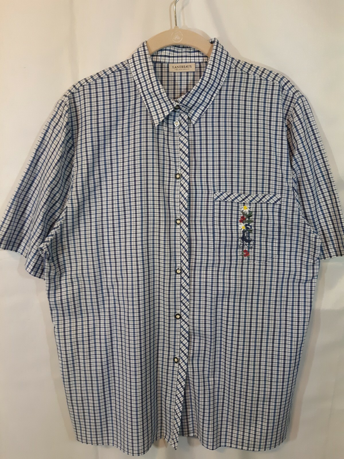 landhaus dirndl trachten style shirt blouse embroidered edelweiss blue checkered