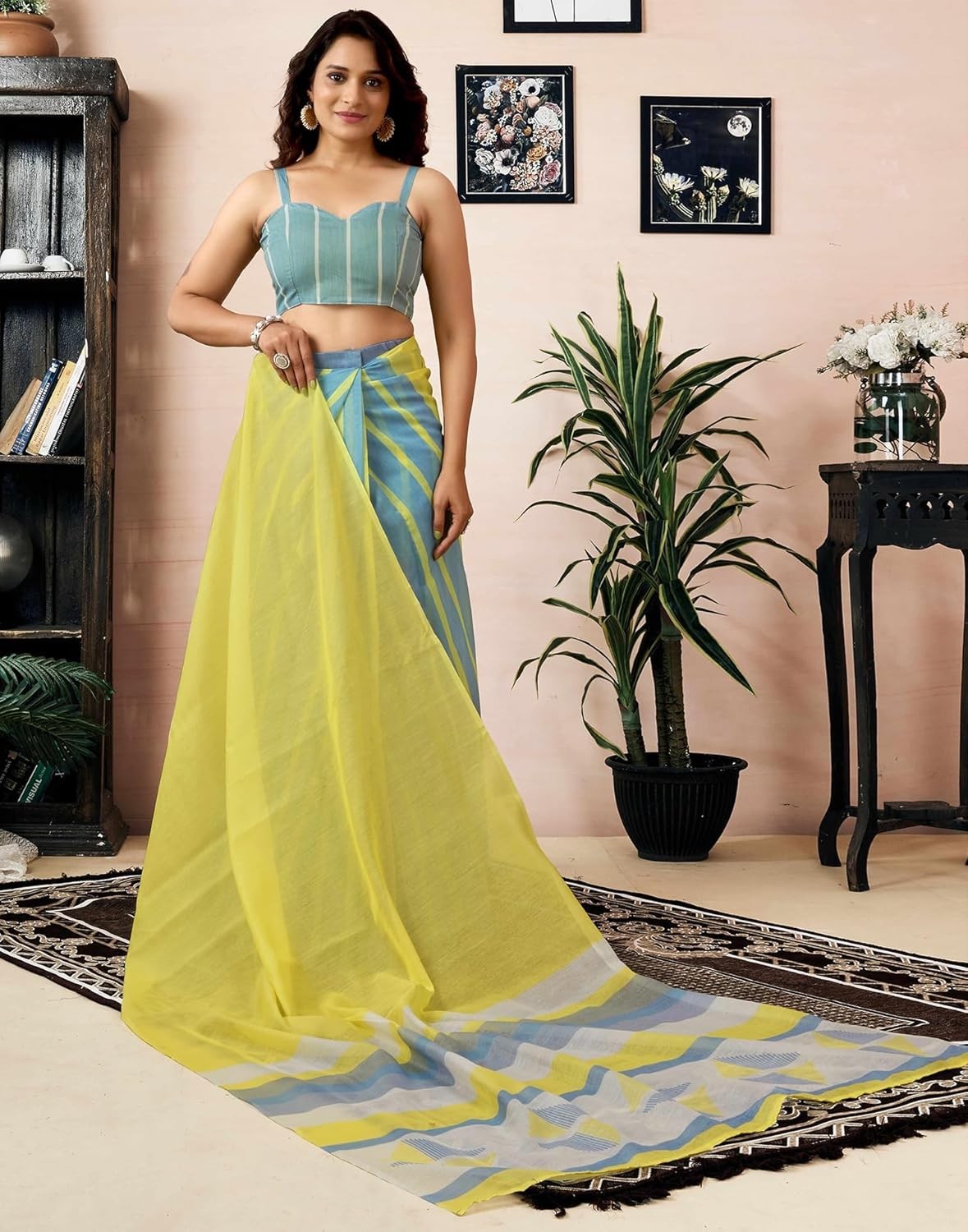 Women’s Chanderi Cotton Printed Ready To Wear with Pocket Saree with Blouse Piec