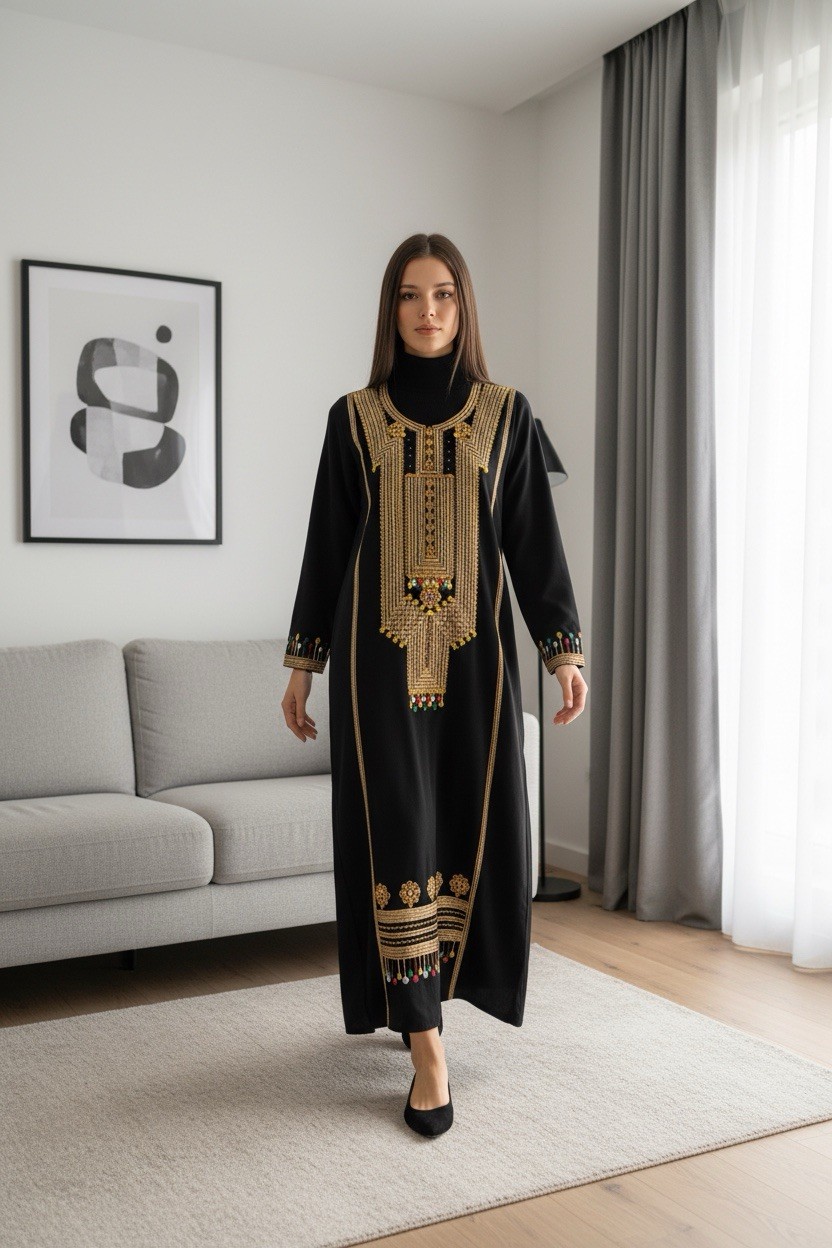 Black Gold Kaftan Middle Eastern Women’s Dress with Gold Embroidery