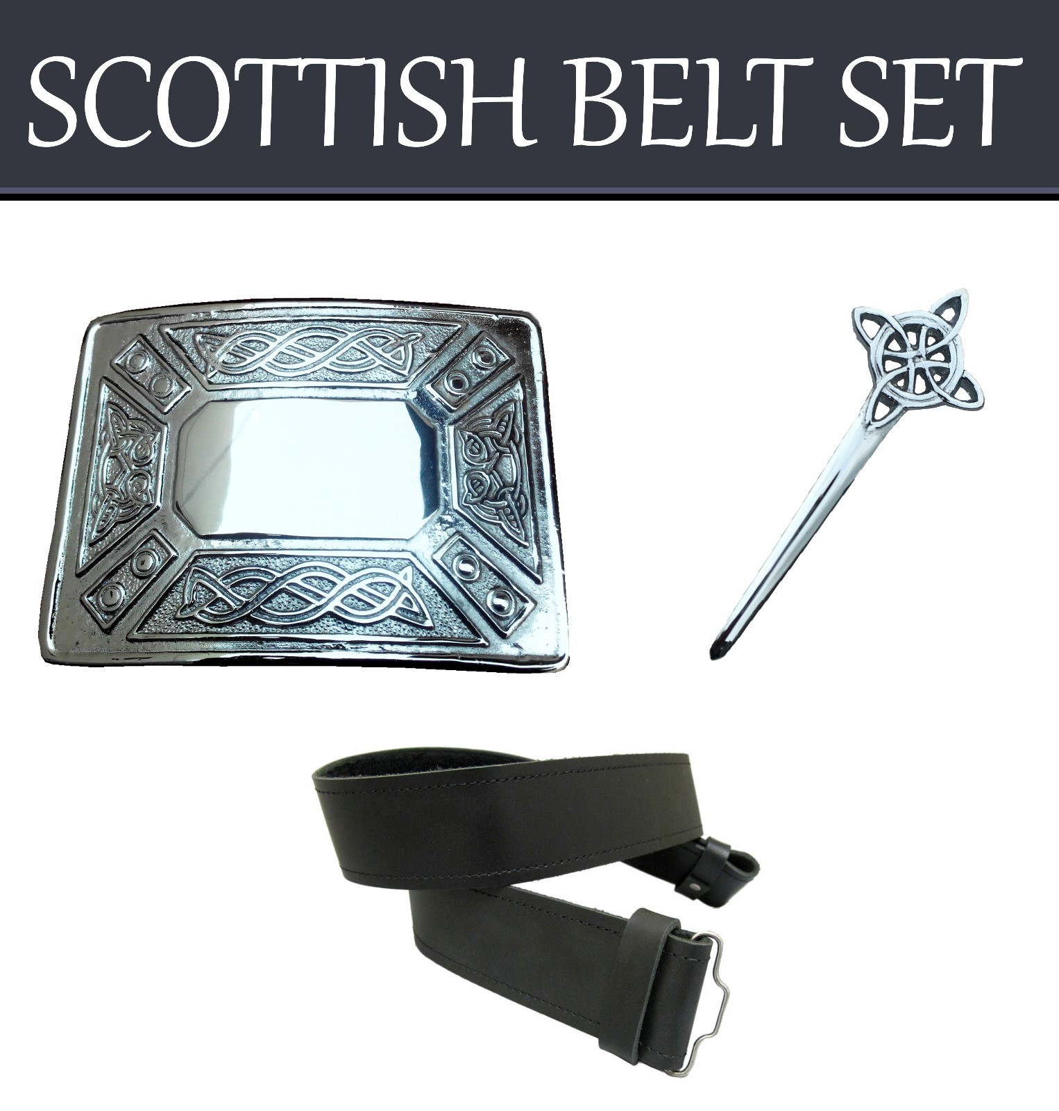Scottish Black Kilt Belt Set With Belt Buckle & Kilt Pin Made For Tartan Kilts