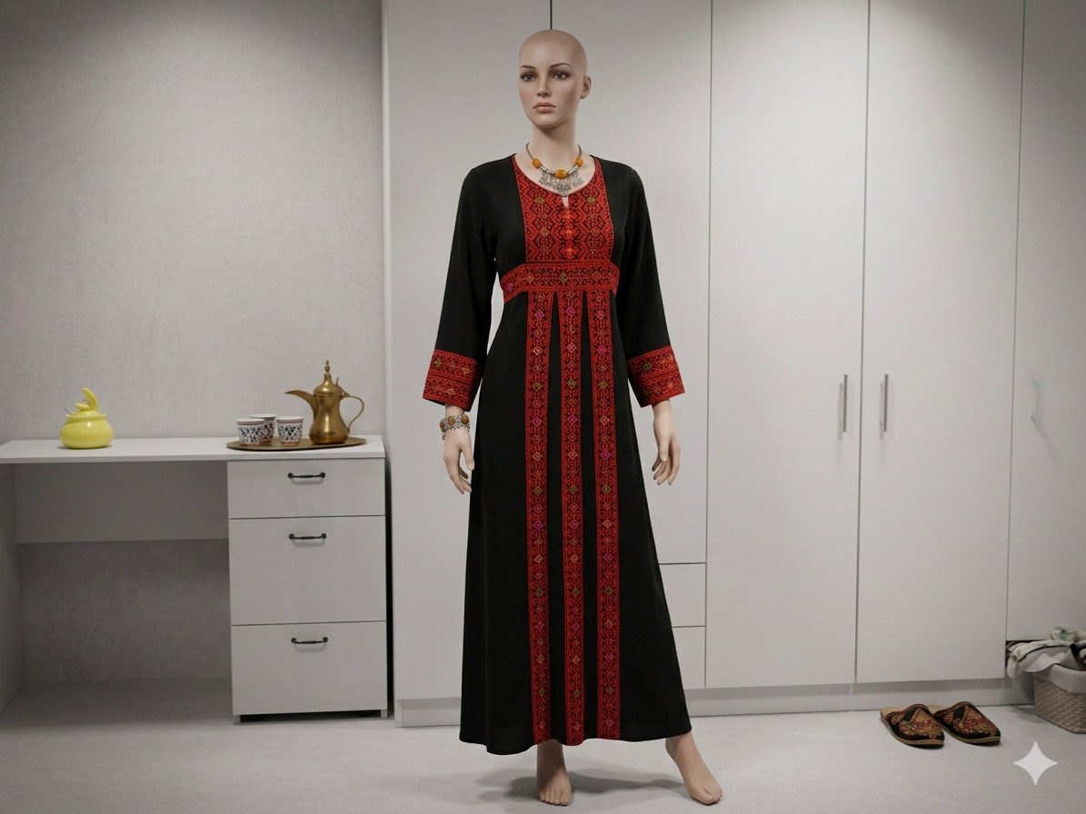 Stunning Black Hand-Embroidered Palestinian Thobe Dress – Detailed Measurements