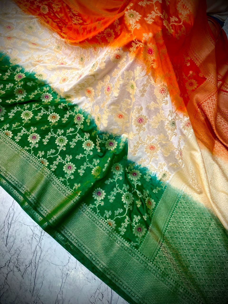 Banarasi Chinia Silk Saree Tricolor Tiranga Zari Weaving Party Wear Sarees