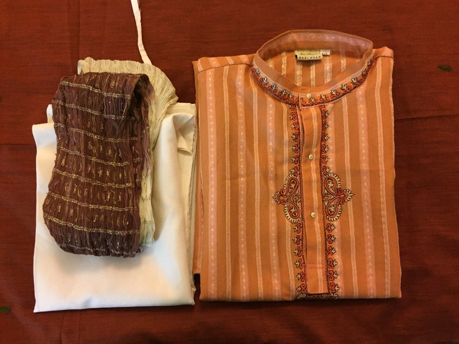 Mauve/Brown/White Boys Silk Kurta Pajama 3 piece Indian/Pakistani Traditional