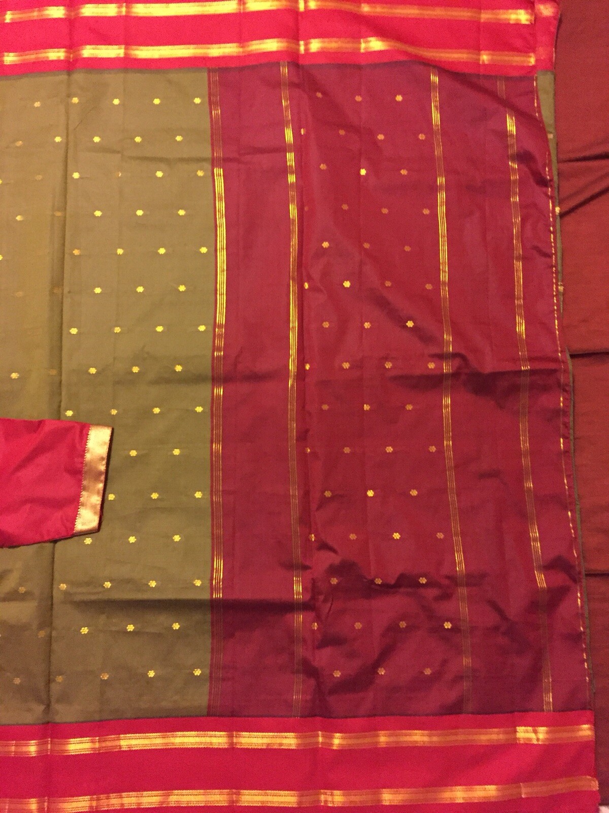 Olive green/red Art silk saree w/ stitched blouse & fall