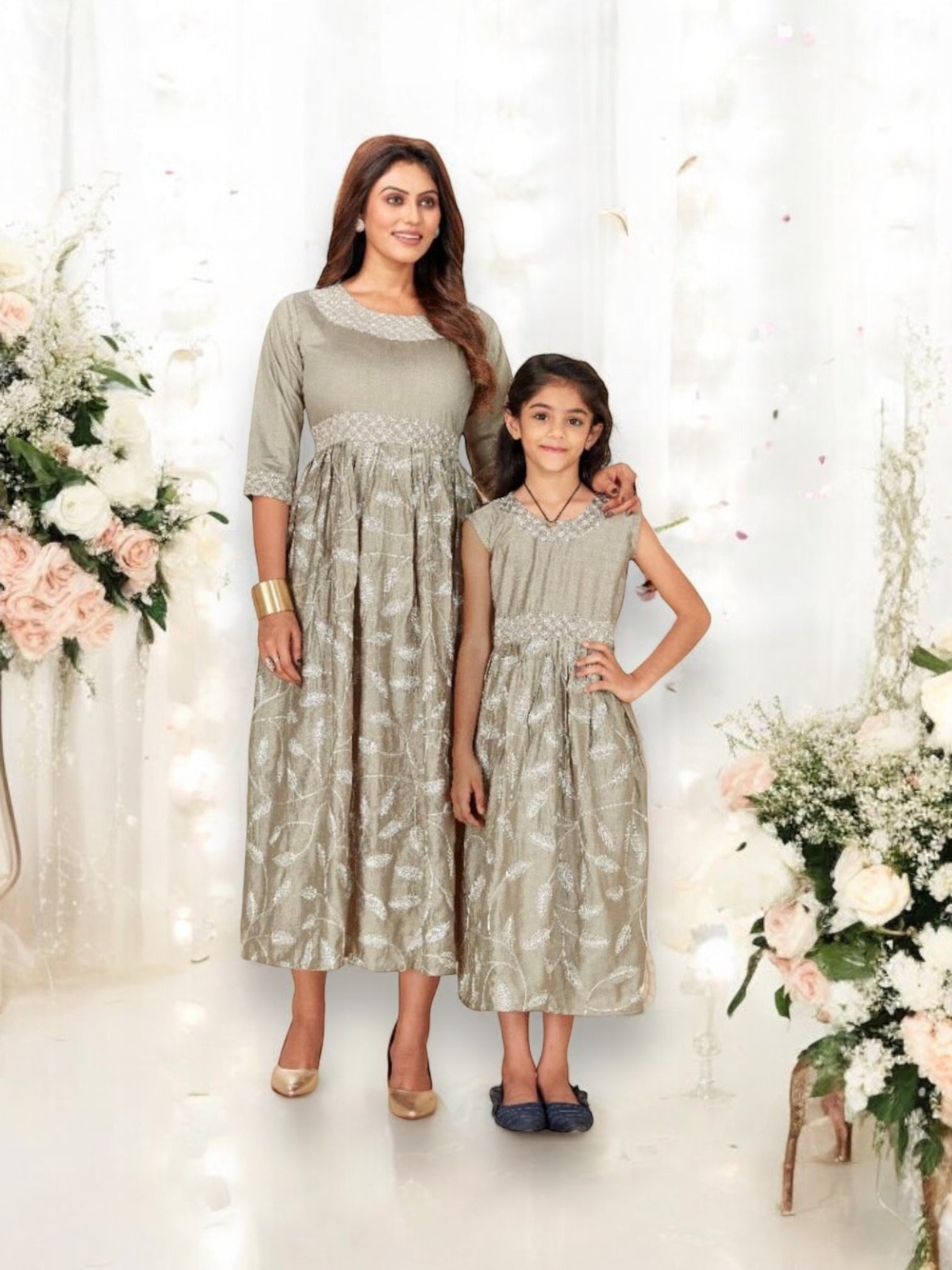 Ethereal Elegance: Girls’ Traditional Gown with Embroidered Details- F