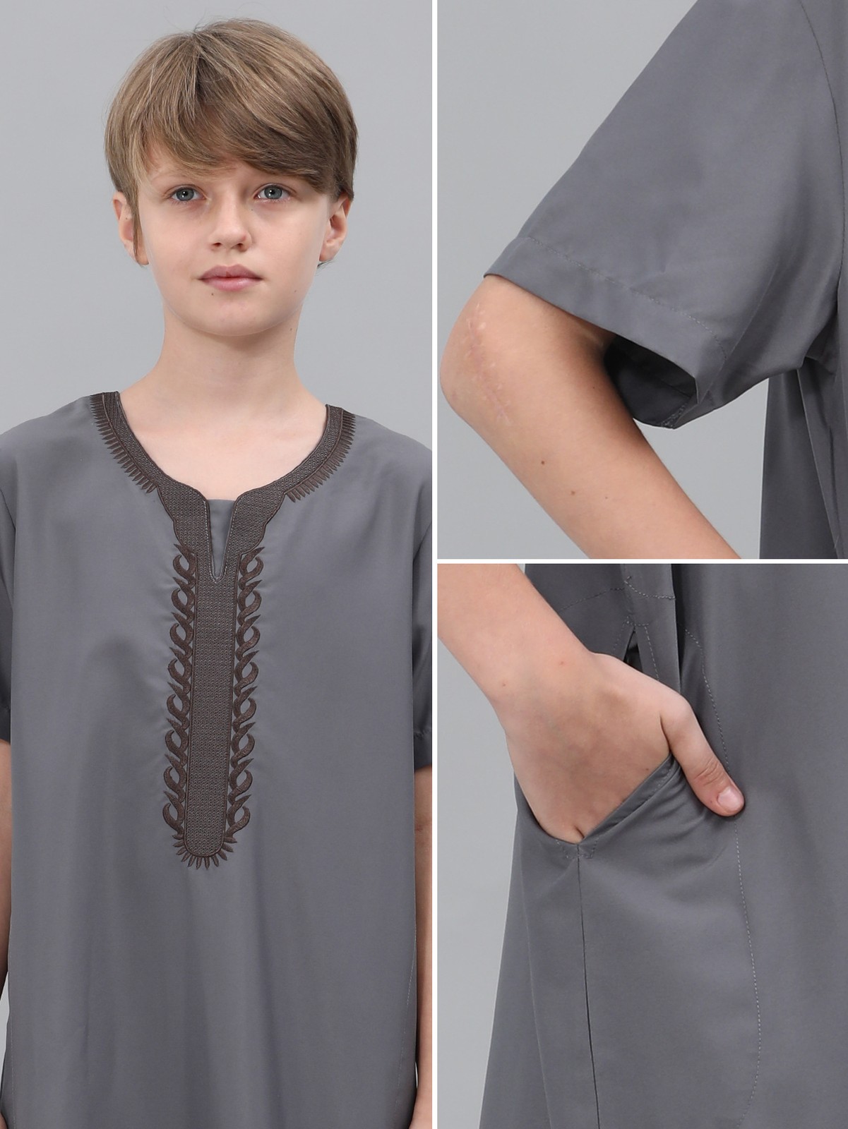Saudi Loose Long Dress Muslim Boys Embroidered Dishdasha Kaftan Jubba Thoub Arab