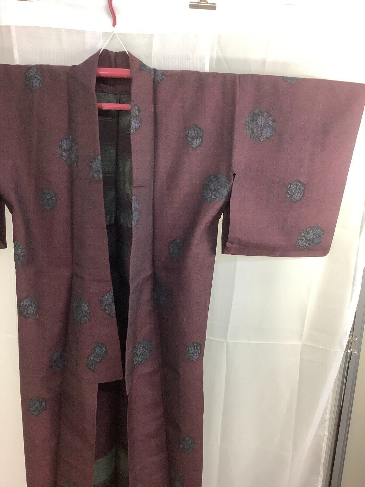 Japanese Vintage Kimono Silk Fabric Wine Red Oshima Expensive Flower 151cm