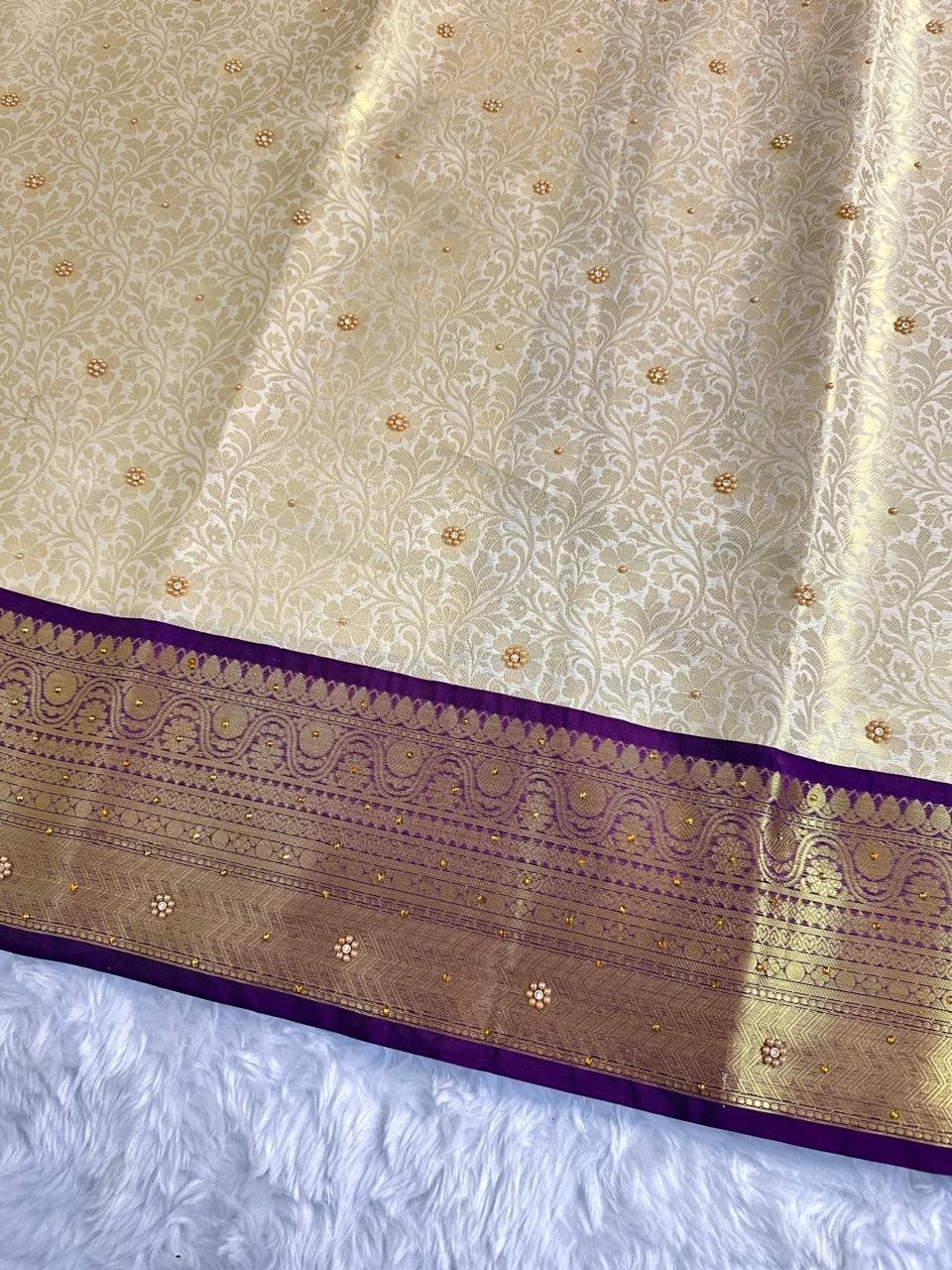 Banarasi Semi Katan Soft Silk Saree Designer Pallu Jaal Weave Stone Work Sari
