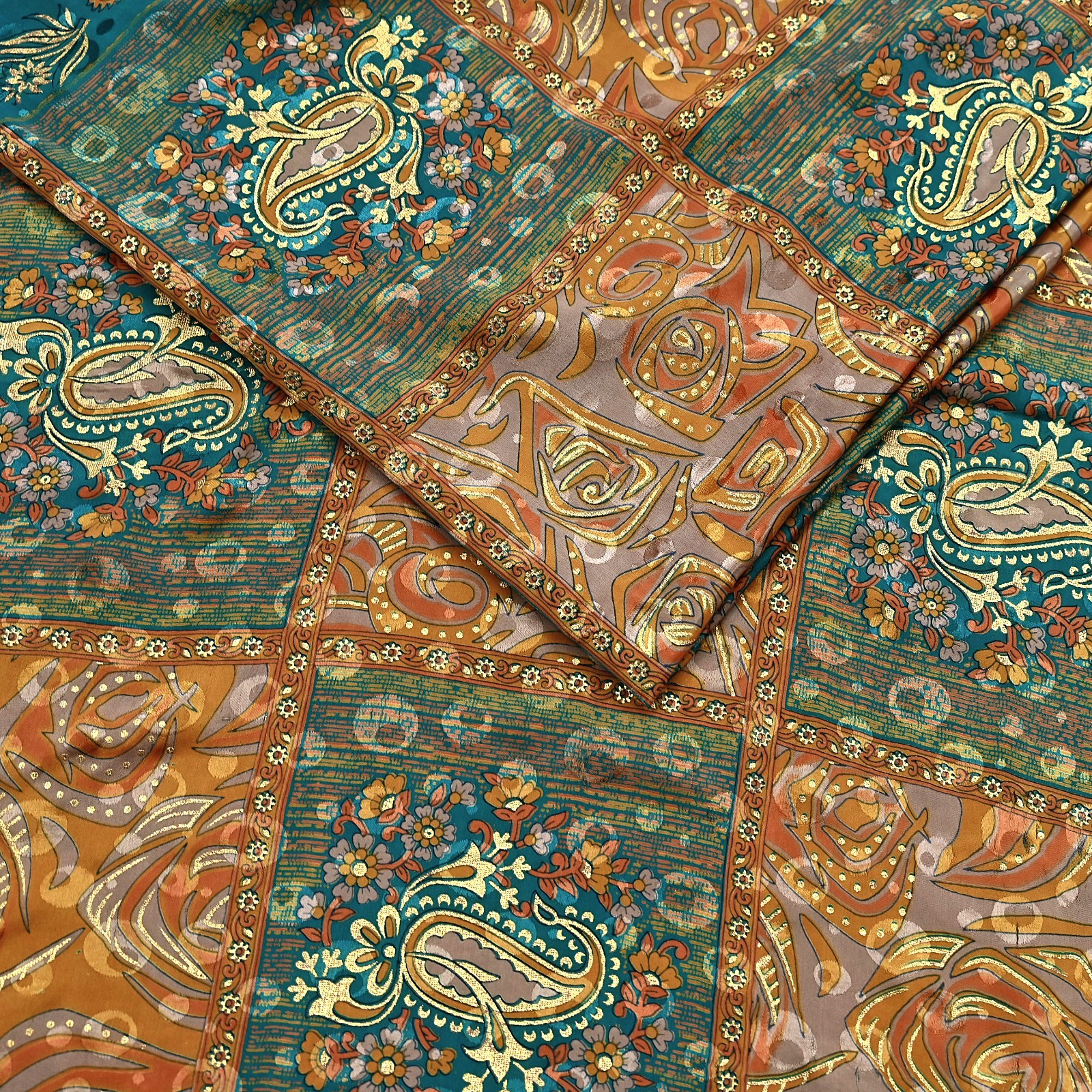 Indian Vintage Sari Moss Crepe Printed/Painted Saree Floral 5 Yards Soft Fabric