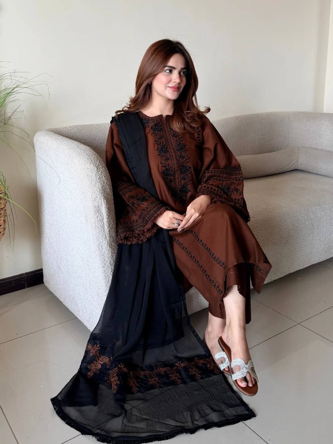 Latest Stylish Roman Silk Brown Salwar Kameez With Dupatta For Festival Wear
