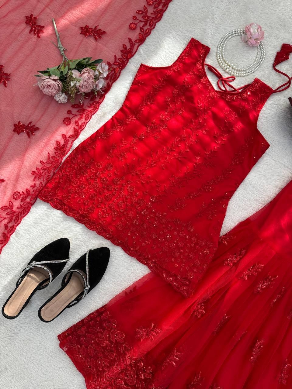 Beautiful Heavy Soft Net Red Top Palazzo With Dupatta For Indian Festival Wear