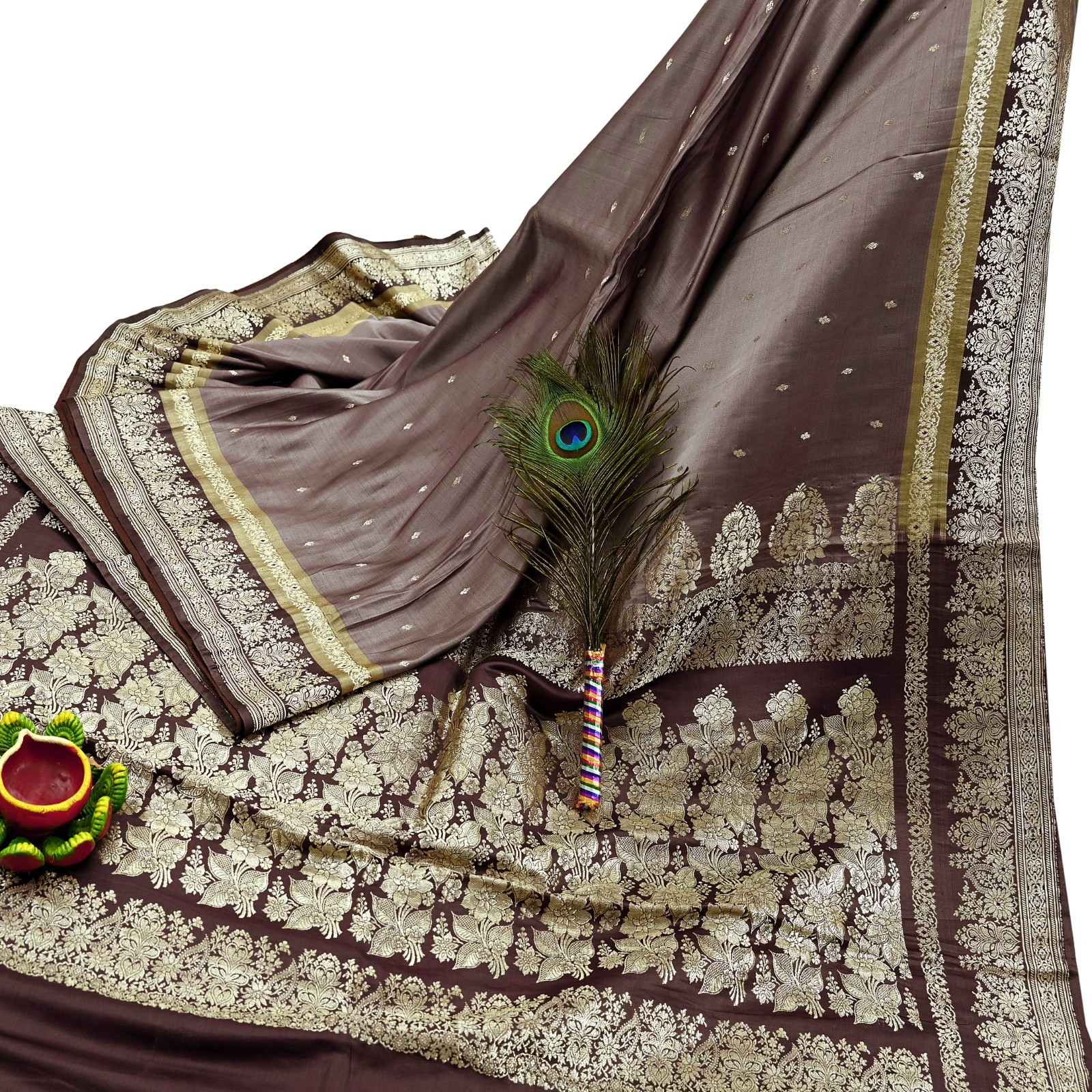 Vintage Sari Brown Heavy Pure Satin Silk Woven Banarasi Brocade Saree 5YD zari