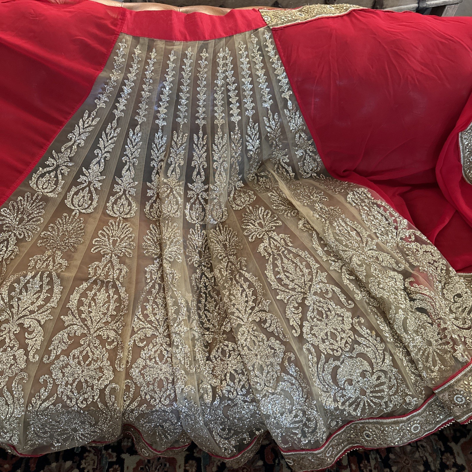 Beautiful Handmade Stamped Rekha Red & Gold Saree With Intricate Embroidery