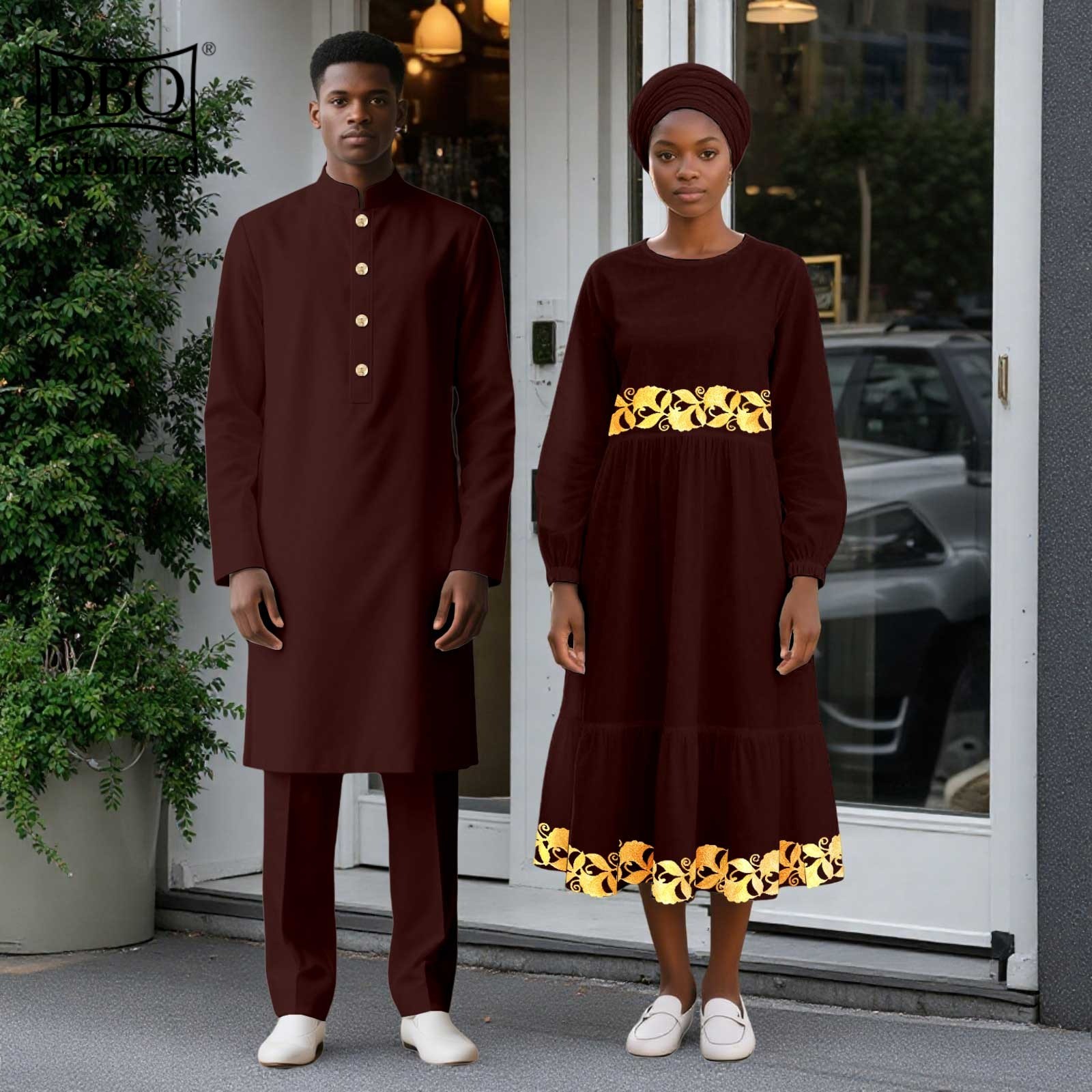 African Wedding Clothes Men Long Jacket Pants Set Women Midi Dress with Headwrap