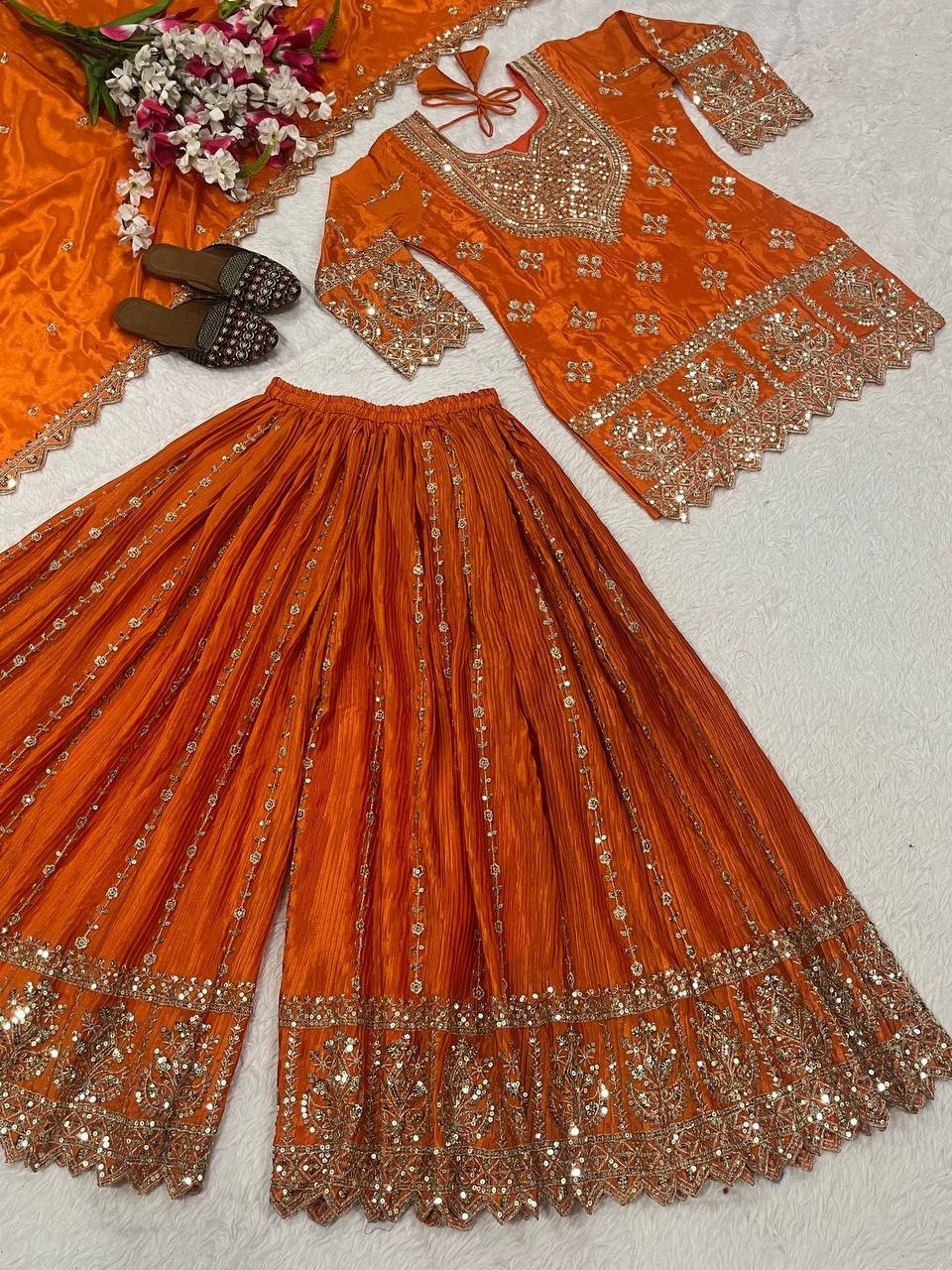New Heavy Chinon Silk Orange Top Palazzo With Dupatta For Traditional Wear