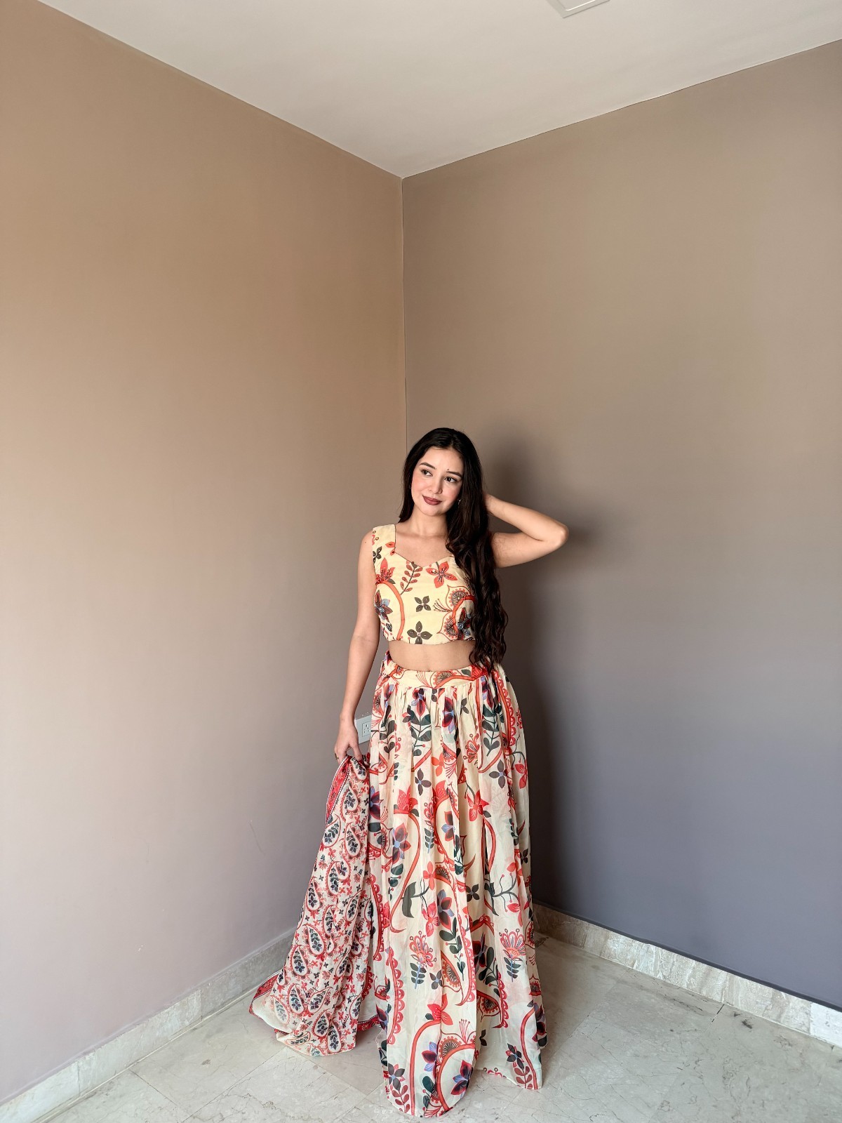 Pure Organza Floral Printed Lehenga Choli Set Intricate Hand Work Sleeveless