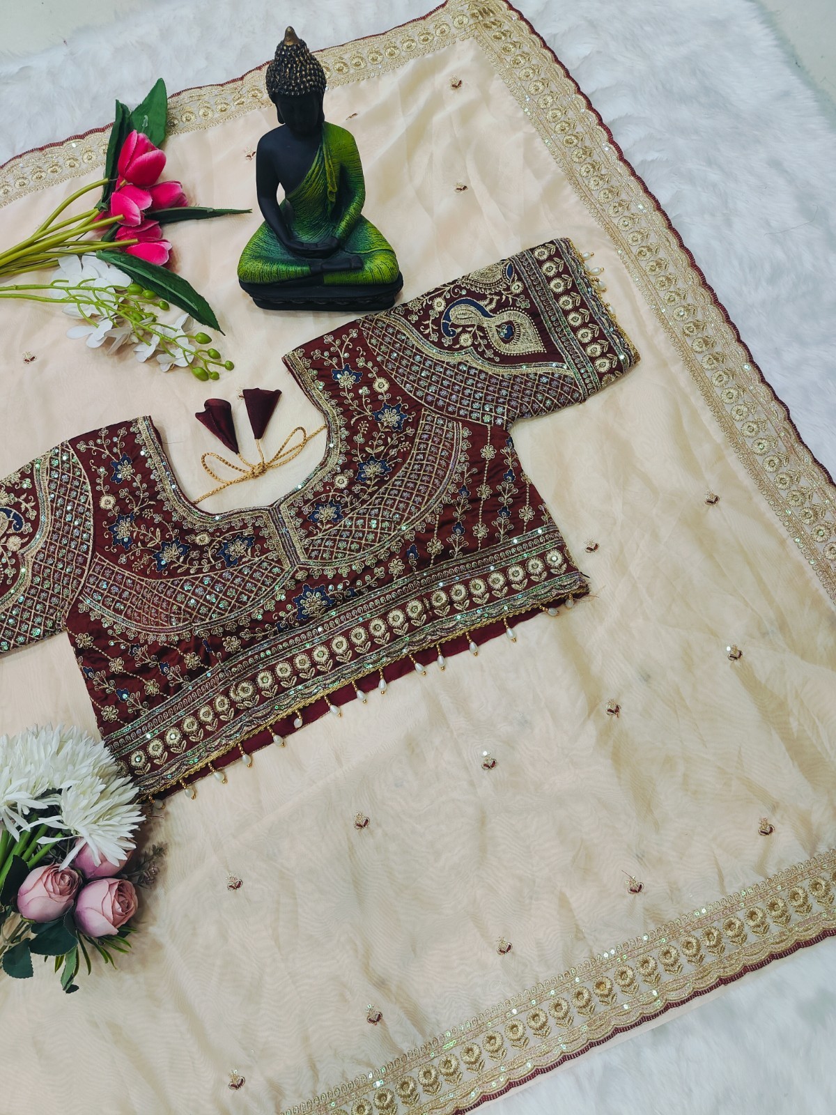 Off White Organza Saree Heavy Embroidered Designer Maroon Blouse Wedding Wear