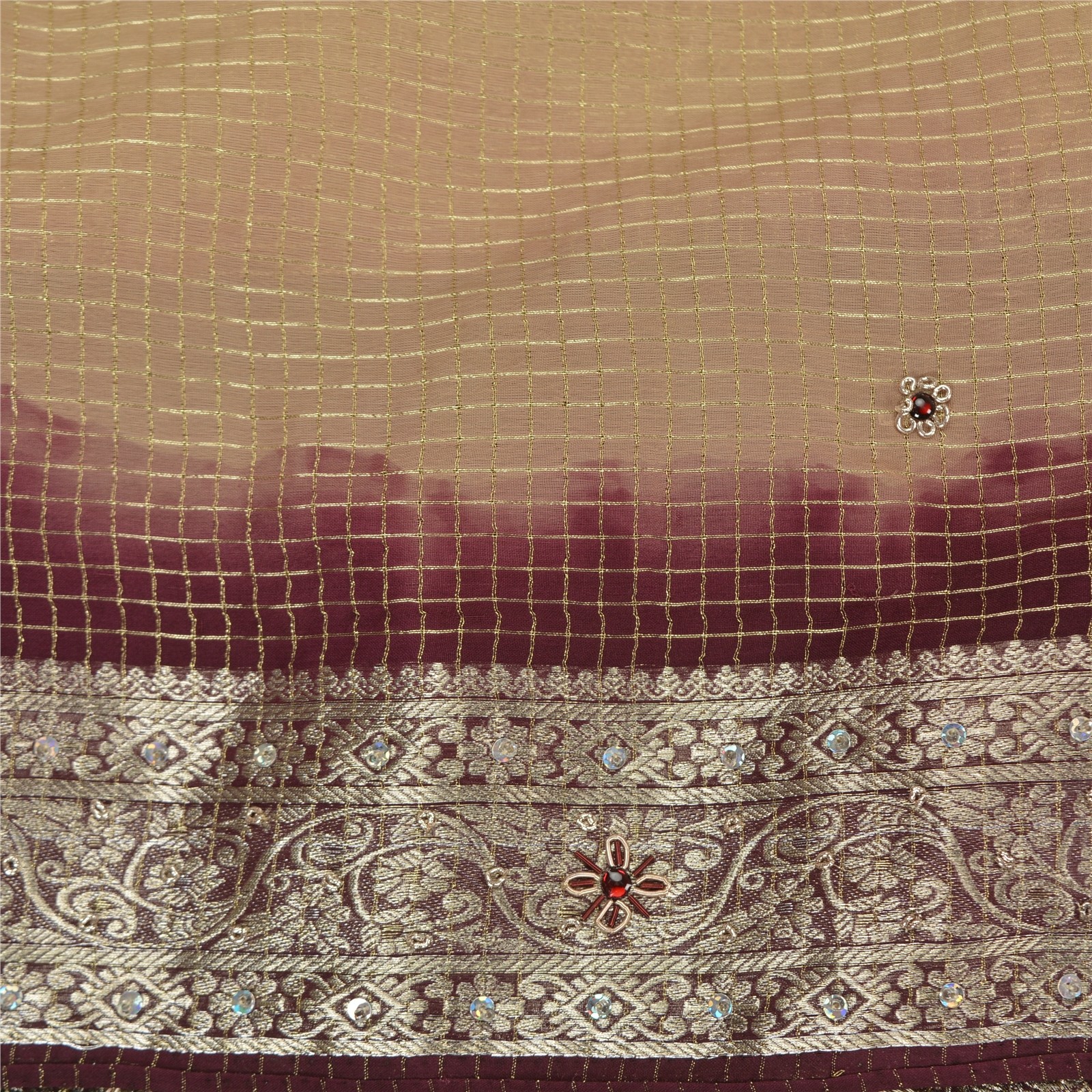 Sanskriti Vintage Sarees Brown Georgette Hand Beaded Zari Brocade Sari 6Ydfabric