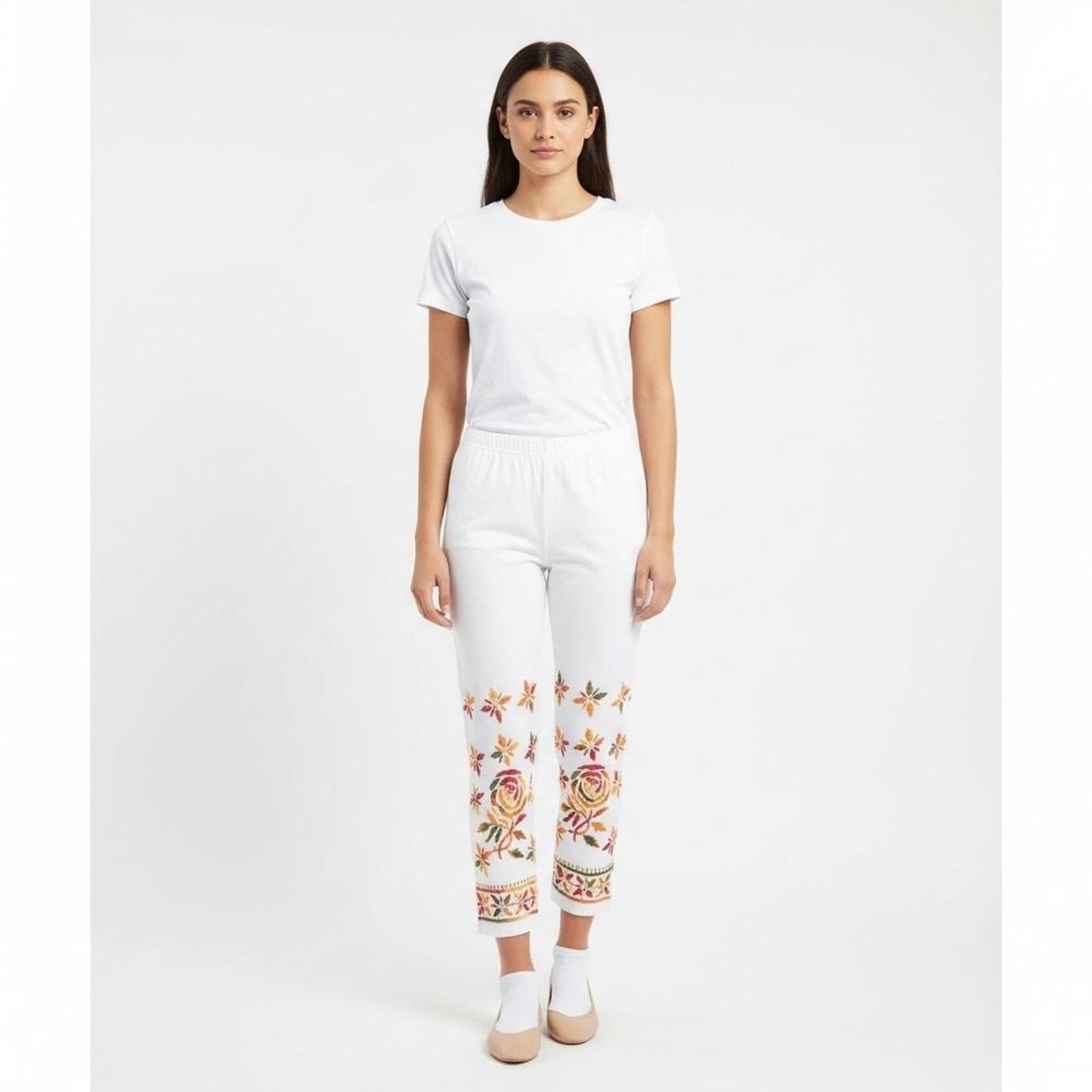 New White multi color embroidered ankle pants with drawstring Size Small