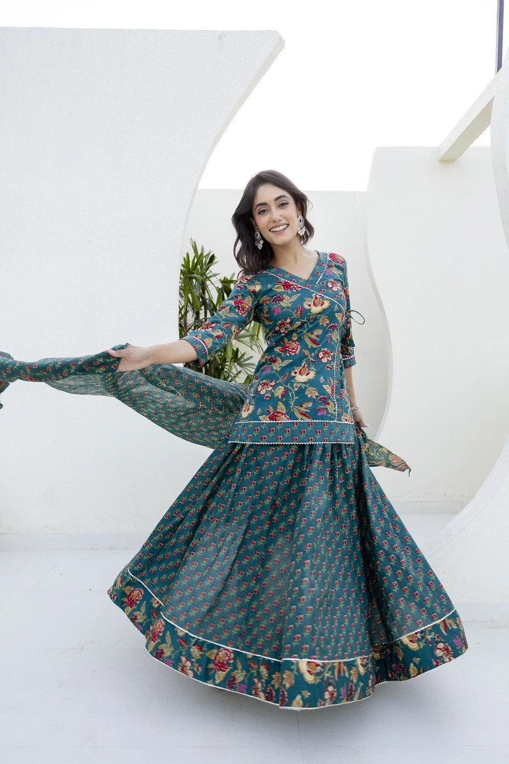Floral Printed Women’s Kurti Skirt Dupatta Set Indian Desigenr Ethnic Kurta Set