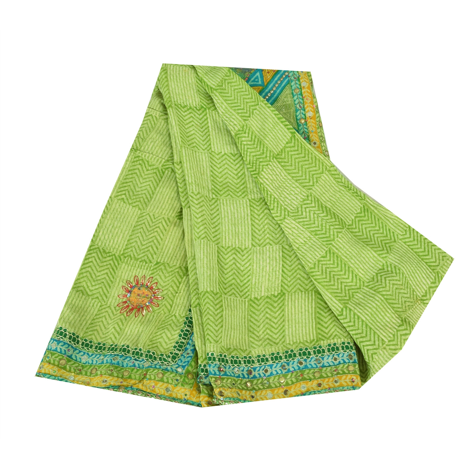 Sanskriti Vintage Saree Green Pure Crepe Hand Embroidered-Gota Patti Print Sari