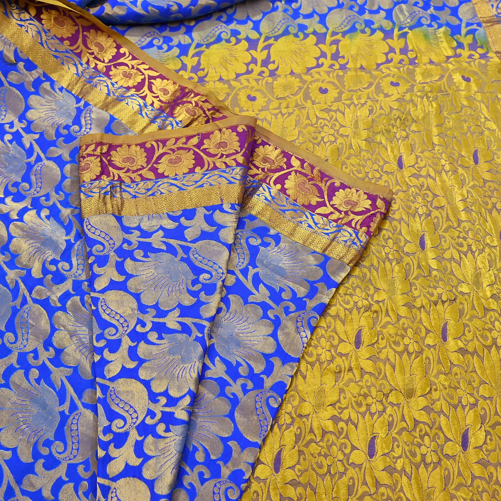 Indian Vintage Heavy Royal Blue & green Kanjivaram Saree 100% Pure Silk Sari 5yd