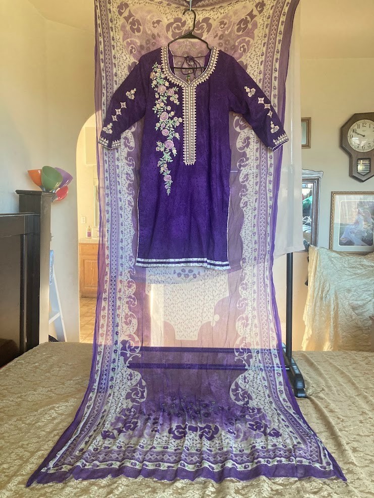 Vintage Indian 3Pc Royal Purple Jacquard Silk Tunic Set Floral Shalwar Pants
