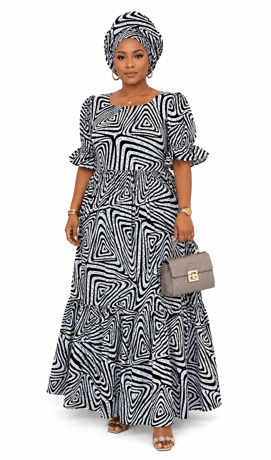 Handmade Ankara African Print Kaftan Maxi Gown & Head Wrap Black White Sz 14 NWT