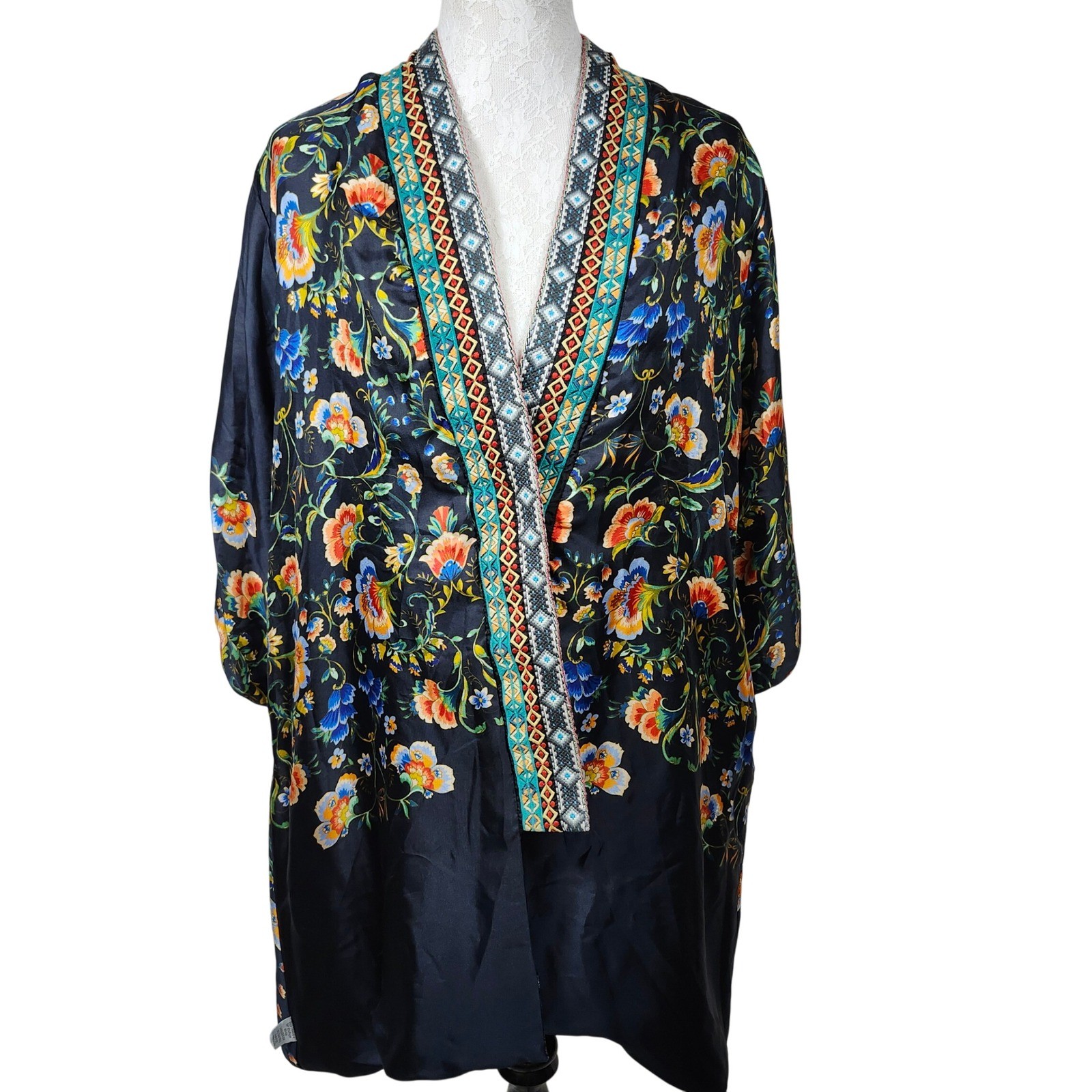 Johnny Was Reversible Silk Blend Kimono Jacket Floral Velvet Trim XS