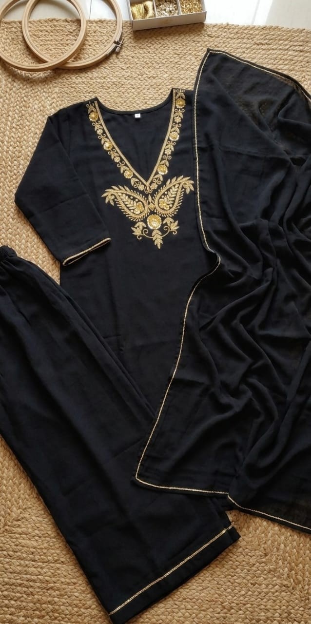 Elegant Black Crepe Salwar Suit Gold Embroidery Chiffon Dupatta Custom Size