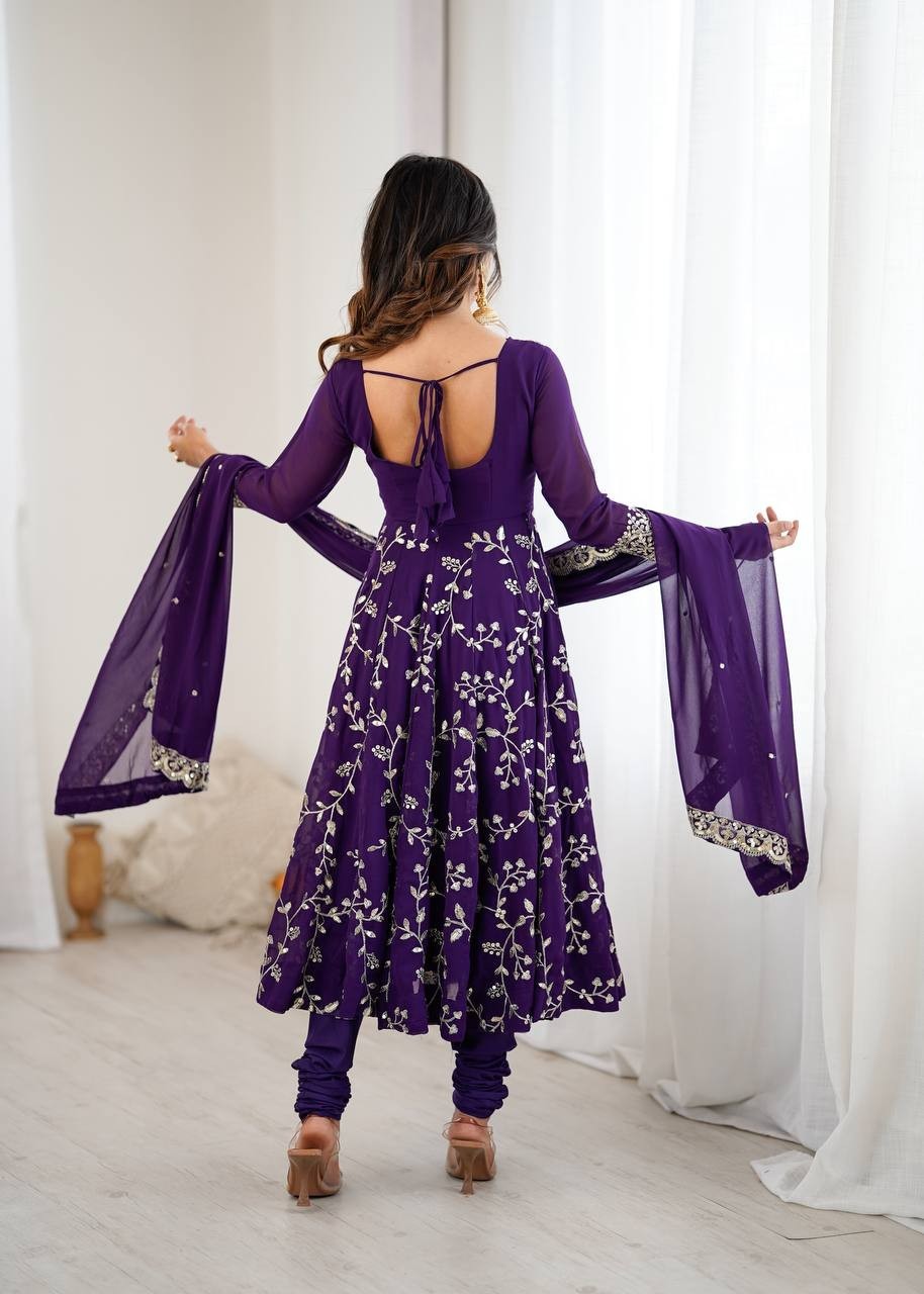 Elegant Purple Georgette Embroidery Sequins Work Flared Anarkali Gown 3 Pc Set