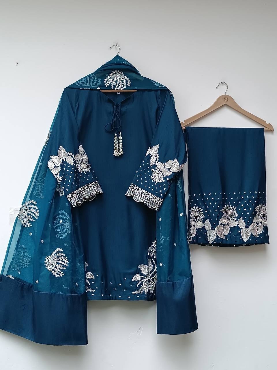 Party Collection Pure Natural Crepe Navy Blue Top Palazzo And Dupatta For Women