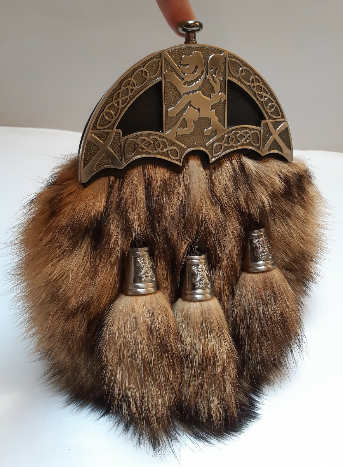 Scottish Kilt Original Fox Fur Full Dress Sporran Antique Enamel Lion Cantel