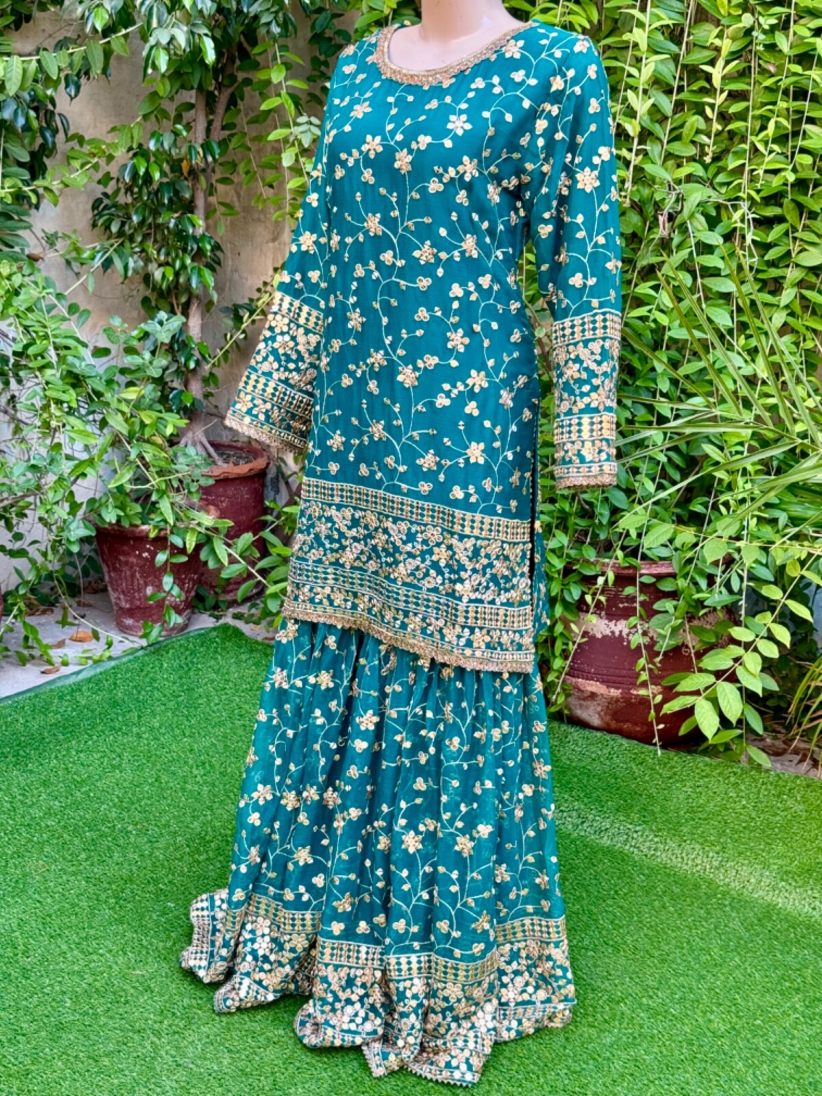Pakistani Teal Straight Style Embroidered Sequins Chiffon Gharara Dress,L
