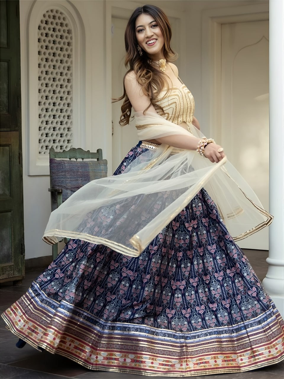 Bollywood Style Art Silk Lehenga Choli Floral Print Gota Patti Dupatta Wedding