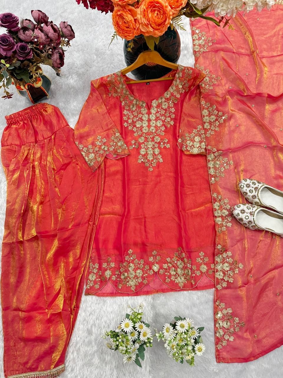 Presenting New Heavy Satin Orange Top Bottom With Dupatta For Wedding Wear