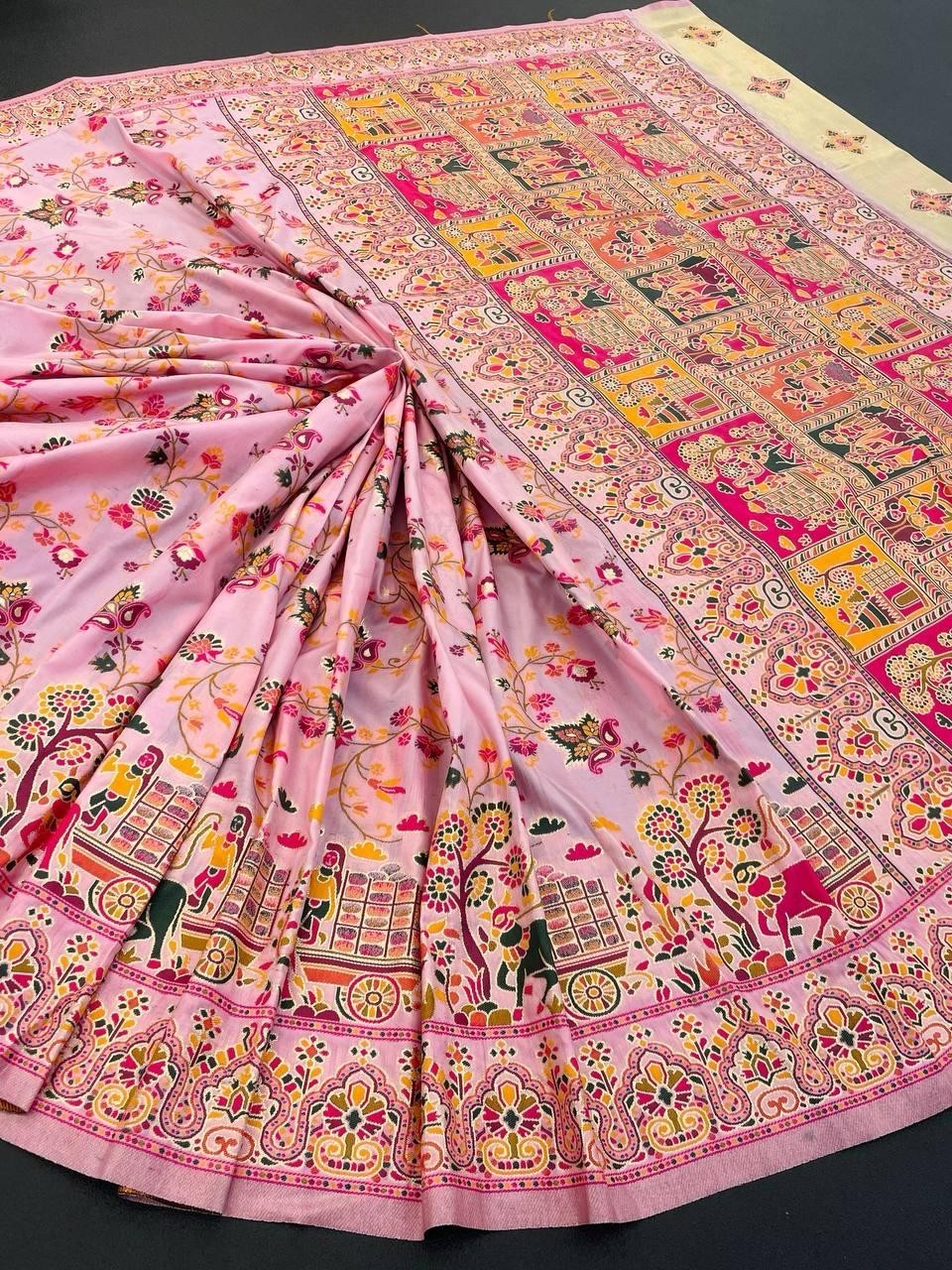 Women’s Baby Pink Kashmiri Pashmina Modal Silk Saree With Blouse Piece