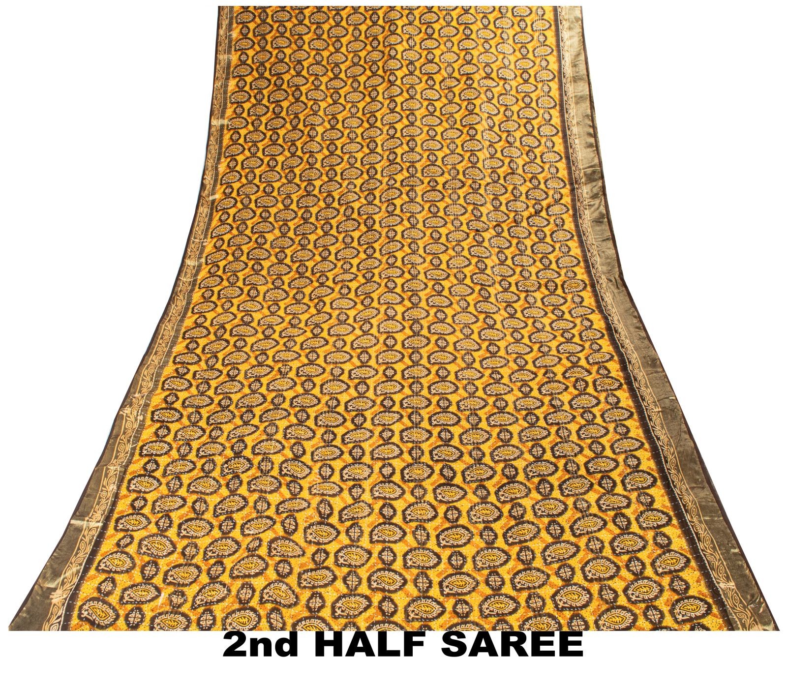 Sanskriti Vintage Saree Yellow Pure Cotton Paisley Kantha Print Sari 5+Yd Fabric